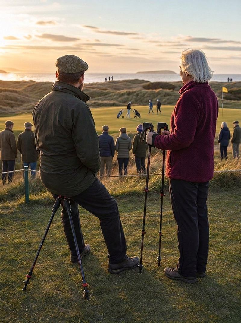 A couple watching a Scottish golf tournament, one resting on SeatStix while the other holds the poles